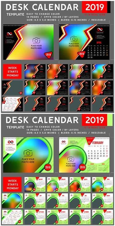 Desk Calendar 2019 vector template, 12 months included #4