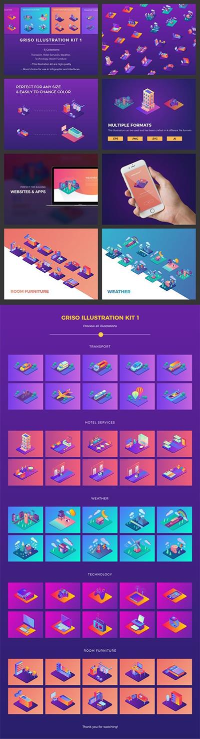 Griso Illustration Kit 1 - 50 Illustrations with great isometric style & gradient color