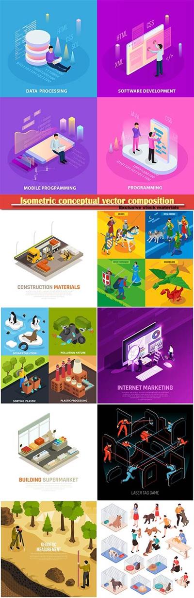 Isometric conceptual vector composition, infographics template # 68