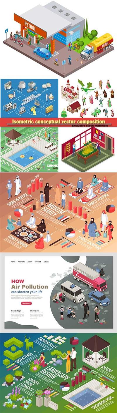 Isometric conceptual vector composition, infographics template # 67