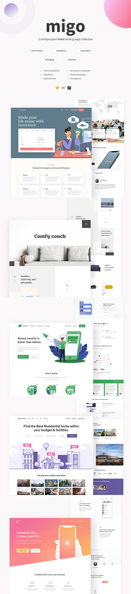 Migo app landing page pack-1 - 5 different Landing page design collection